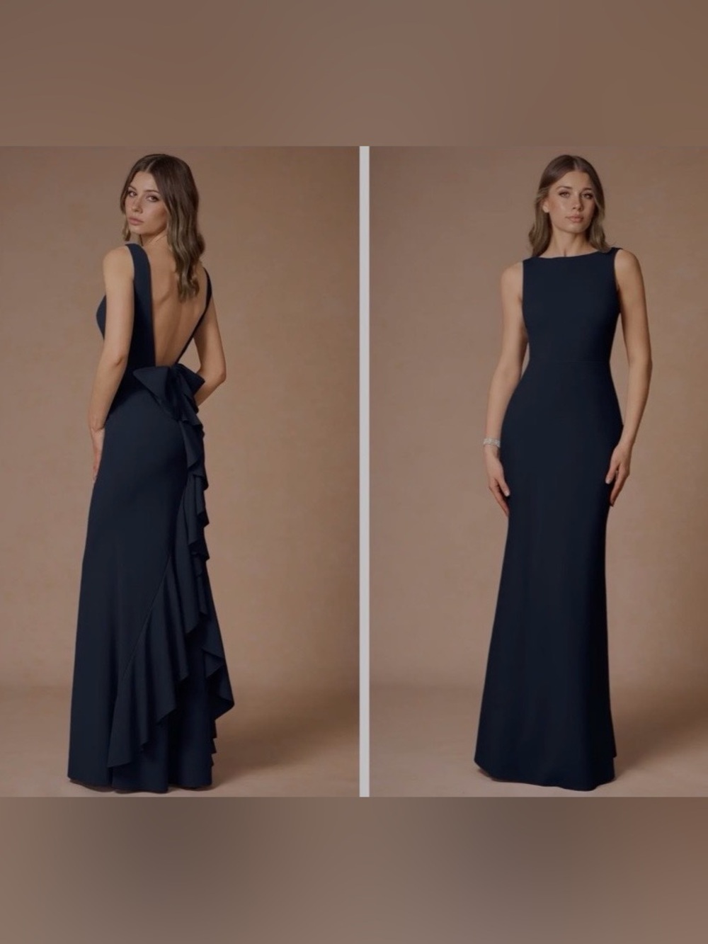 Azazie Navy Backless Ruffle-Back Evening Gown